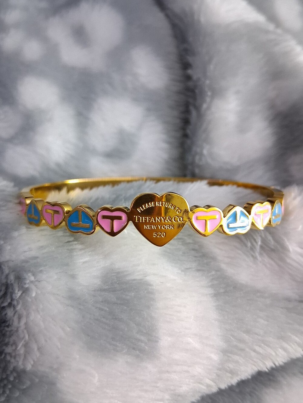 Faahion Jewelry Gold Heart Bangle with Pink & Blue Enamel